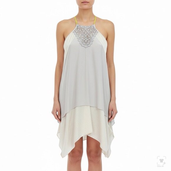 Rebecca Taylor Gray & Cream Silk Sleeveless Crochet Detail Flowy Dress Sz 2